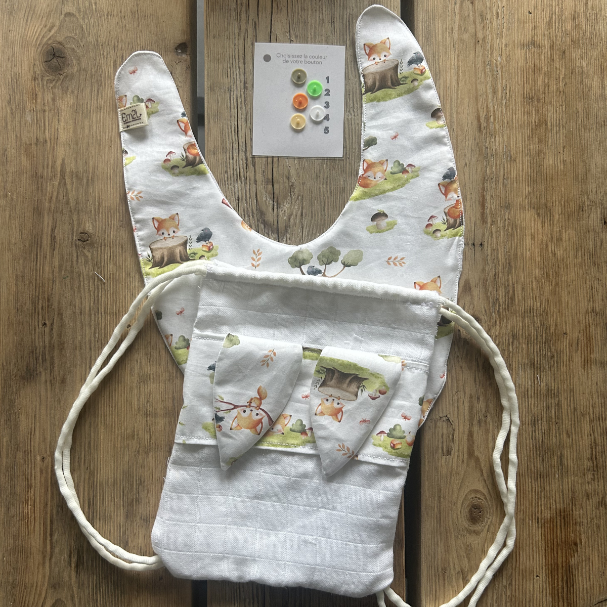 Lot Bébé – Bavoir + Sac Pochon Lapin (personnalisé ou non)